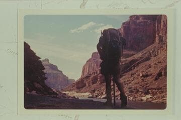 Upriver to Awatubi (?) Crest from near the mouth of the Little Colorado River.  Colin Fletcher appears in the photo