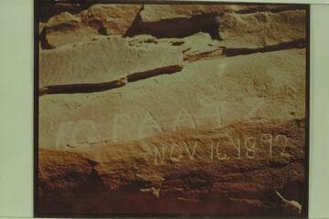 Name of F. G. Faatz cut on wall of Glen Canyon, 6 miles above Lees Ferry.  Photo sent by Art Green 1956, Oct. 09