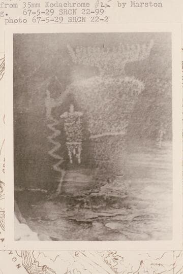 Detail of pictograph on the up river of two boulders at foot of talus below the White Rim; Mile 22 3/4 right bank, Stillwater Canyon