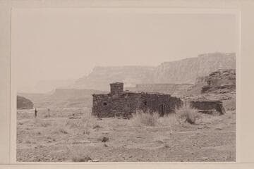 The fort at Lees Ferry.  Margaret Marston stands at left