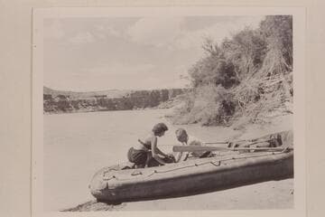 Georgie White and Elgin Pierce before start of Grand Canyon traverse in July 1952.  Foot of Paria Riffle