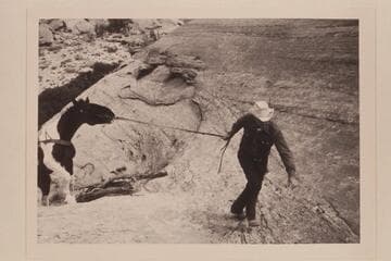 Bill Belknap leads his horse up slickrock west of Nasja Creek