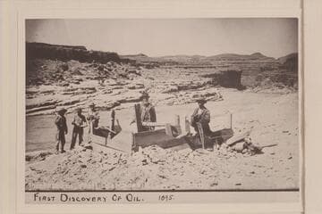 First discovery of oil at Mexican Hat.  Photo captioned, "Petroleum Well, San Juan River, Utah"