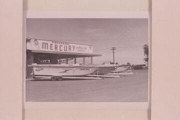 The 26-ft. outboard craft built by Anchor Boat in Salt Lake City which attempted a run up the Grand Canyon in 1960, June.  They were unable to top Vulcan Rapid.  "Rapid Eater."  "Ben Hurt."  "Ugh!"