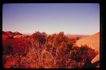 Down to San Juan River and Henry Mountains from trail northeast of Cha Butte