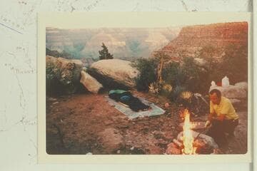 Ted in camp at head of Bass Canyon; Darwin Plateau.  Ted is Ted Rado