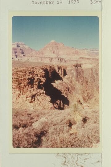 Tapeats wall on west side of Horn Creek Canyon.  Old trail to the river at foot of Tapeats.  Shiva and Isis in distance