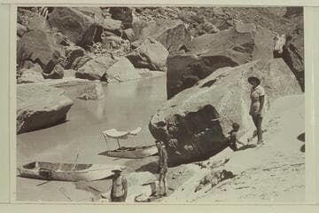 San Juan River trip of 1938.  Two of the 15 foot folding boats and one 10 foot boat.  L to R:  ___, Kent Frost, Jackie Frost and Elzada Clover