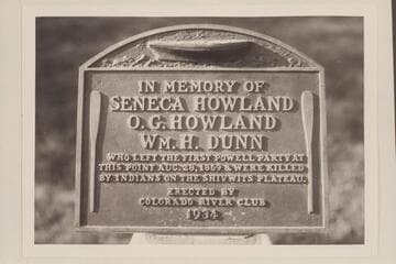 Bronze plaque placed on wall at Separation Canyon by Colorado River Club, the Dusty Dozen, the Dirty Dozen, 1934, Aug. 03.  It was removed and a larger plaque substituted 1939, Aug. 28, then returned to a place near the other plaque 1971, Nov. 27