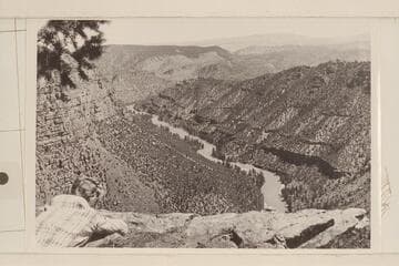Margaret Marston looks down Red Canyon from lookout near Green River Lakes.  Approximately Mile 301 1/2