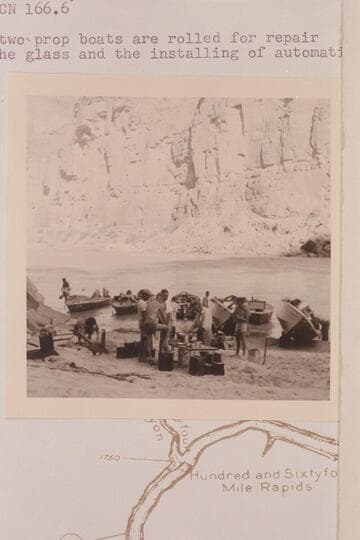 Camp at Cataract-National Canyon.  Mile 166.4.  The two prop boats are rolled for repair to the glass and the installing of automatic bailers