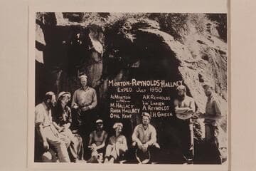 Reynolds-Morton party at foot of Triplet Falls in the Canyon of Lodore.  Al Morton; Mrs. Rhoda Hallacy; Lt. J. Green; Adrian Reynolds; Miss Opal Kemp; Mike Hallacy; Lug Larsen; A. K. Reynolds