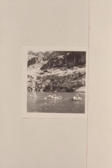 Nevills boats and crews posed for pictures at the head of Lake Mead.  Left to right:  Nevills; Miss Clover; Kolb; Bell; Miss Jotter; Reed; Gibson