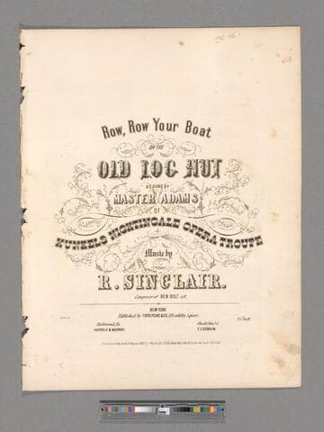 Row, row your boat ; or : the old log hut / as sung by Master Adams of Kunkels Nightingale Opera Troupe ; music by R. Sinclair