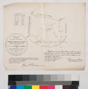 Plat of the Rancho Cienega o Paso de la Tijera confirmed to Tomas Sanchez