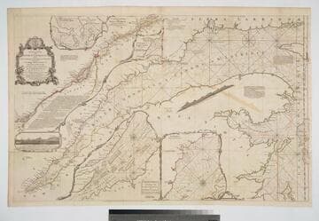 Exact Chart of the River St. Laurence, from Fort Fronteac to the Islands of Anticosti, shewing the Soundings, Rocks, Shoals, &c. with Views of the Lands and all necessary Instructions for navigating the River to Quebec