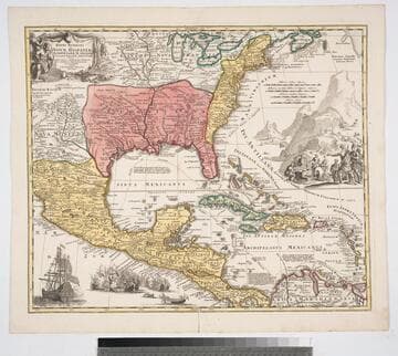 Regni Mexicani : seu Novae Hispaniae Ludovicianae, N. Angliae, Carolinae, Virginiae, et Pensylvaniae nec non insularum Archipelagi Mexicani in America Septentrionali accurata tabula exhibita / a Joh. Baptista Homanno