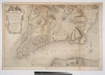 To His Excellency Sr. Henry Moore, Bar. Captain General and Governour in Chief in & over the Province of New York & the Territories depending theron in America ~ Chancellor & Vice Admiral of the same, This Plan of the City of New York, Is most humbly Inscribed, by His Excellency's Most Obedient Servant, Bernd. Ratzen, Lieut in the 60th Regt., Surveyed in 1767