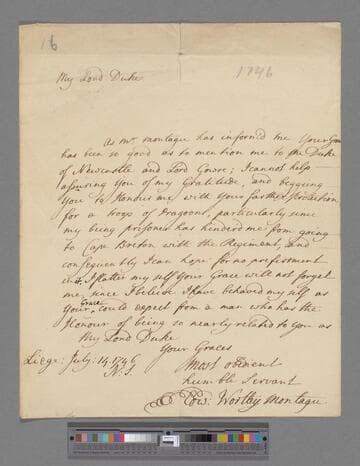Montagu, Edward Wortley. Letter to John Montagu, 2nd Duke of Montagu