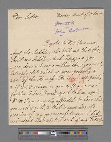 Robinson, John. Letter to Elizabeth (Robinson) Montagu