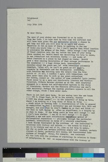 Writer Aldous Huxley writes to EPH