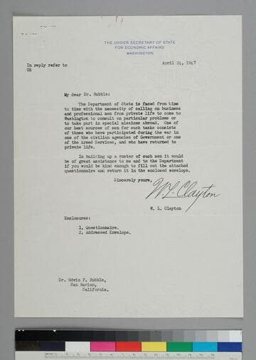 W. L. Clayton, Under Secretary of State of Economic Affairs, writes to EPH