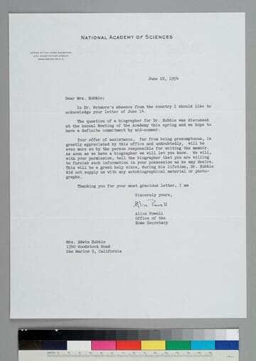 Alice Powell, in the Home Secretary's office of the National Academy of Sciences, writes to GBH