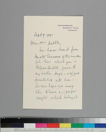 Dorothea Walpole, sister of Hugh Walpole, writes to EPH