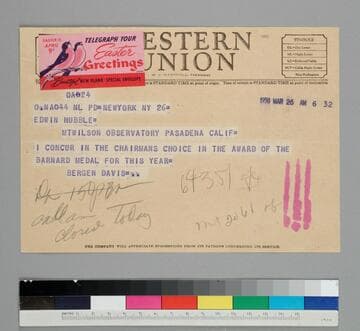 Davis Bergen wires EPH that he agrees on the chairman's choice for the Barnard Medal award