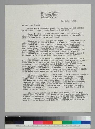 Writer Fryniwyd Tennyson (Jesse) Harwood writes to her friend GBH