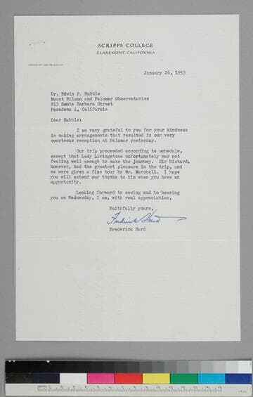 Frederick Hard, president of Scripps College and a Shakespearean scholar, writes to EPH