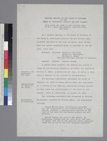 Minutes of special meeting of the Board of Trustees of the Henry E. Huntington Library and Art Gallery