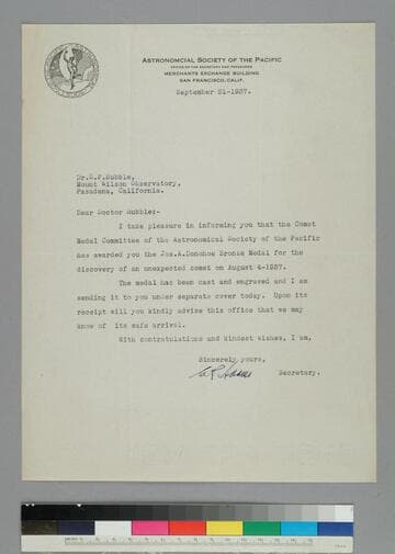 C. P. Adams, secretary of the Astronomical Society of the Pacific, writes to EPH