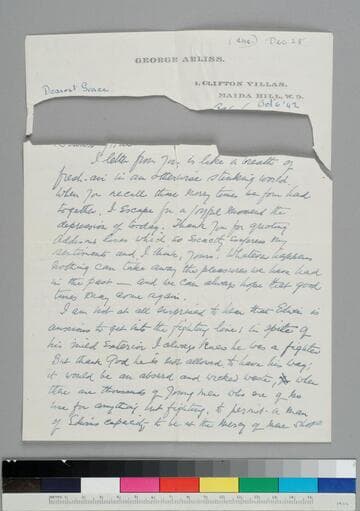 [Part of this letter has been censored and text has been cut out.] Actor George Arliss writes to Grace Hubble thanking her for her letters. He explains that he is glad to learn that the military would not allow Edwin to fight