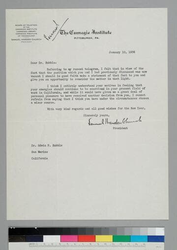 Samuel Harden Church, President of the Carnegie Institute, writes EPH regarding the director's position