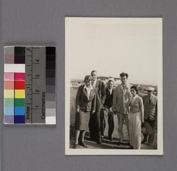Group photograph of Aldous Huxley, Maria Nys Huxley, Edwin Powell Hubble, Grace Burke Hubble, Christopher Isherwood and John Emerson