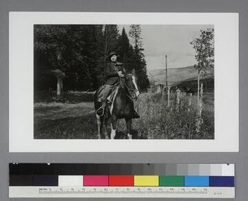 Grace Burke Hubble on horseback at the Rio Blanco Ranch, in Meeker, Colorado, 1939