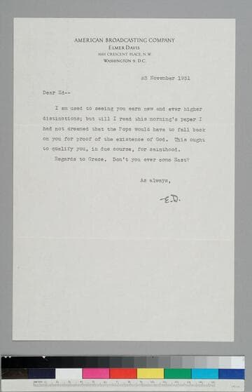 Elmer Davis, fellow Rhodes scholar of EPH's, writer, and news analyst during World War II, writes to EPH