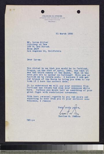 Two letters between Loren Miller and Charles M. Stokes