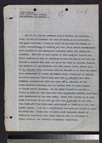 Untitled speech by Loren Miller beginning "One of the gravest problems"