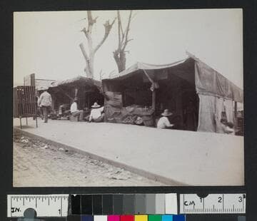 Scene of vendors selling food and goods along a walkway