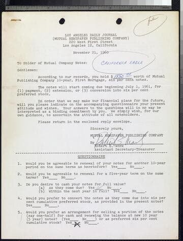 Letter by Robert E. Work, Mutual Newspaper Publishing Company