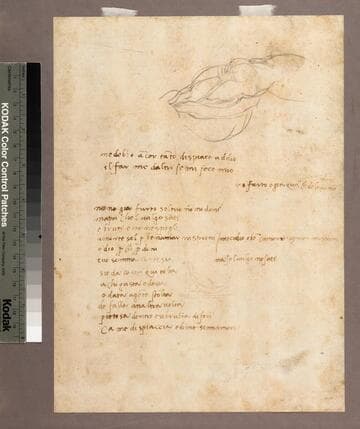[Drawing of left leg and 15 lines of verse] : [graphic, manuscript]