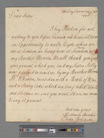 Robinson, John. Letter to Elizabeth (Robinson) Montagu