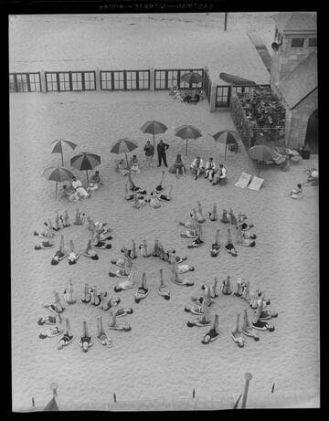Exercise class on the beach at the Deauville Club in Santa Monica
