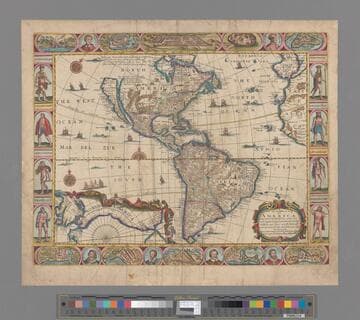 A new and most exact map of America described by N.I. Vischer and don into English enlarged and corrected acording to I. Bleau and others with the habits of ye people & ye manner of ye Cheife Sitties ye like never before. London. Printed colloured and are to be sold by John Overton at ye White Horse neere the Fountaine Tavern Without Newgate
