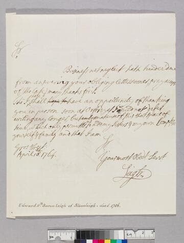 Leigh of Stoneleigh, Edward Leigh, Baron, 1742-1786. Letter to Theophilus Leigh, 1693-1785