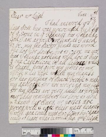 Leigh, Elizabeth Craven, approximately 1651-1687. Letter to Theophilus Leigh, approximately 1643-1725