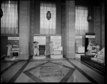 Displays in General Office Lobby showing kitchen appliances from 1906, 1913. 1932, 1946, and 1957 with 1 variant