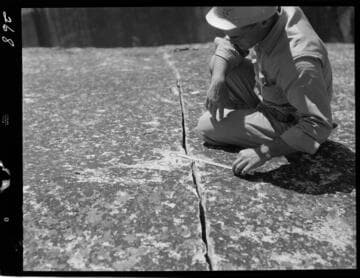 Big Creek - Mammoth Pool - Checking crack in dome slab above west abutment for any trace of movement